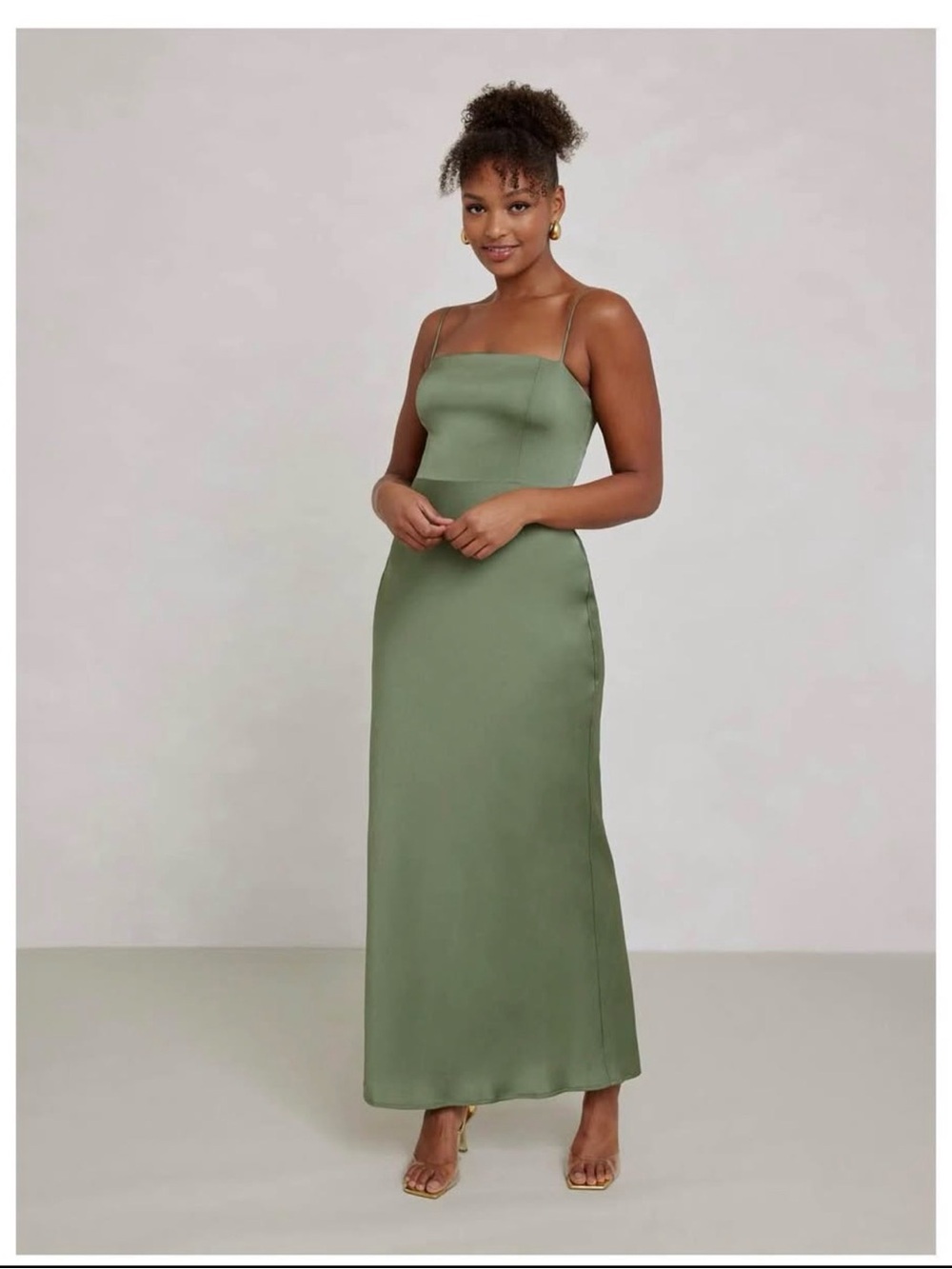 Park & Fifth Olive Green Satin Slip Maxi Dress with Spaghetti Straps